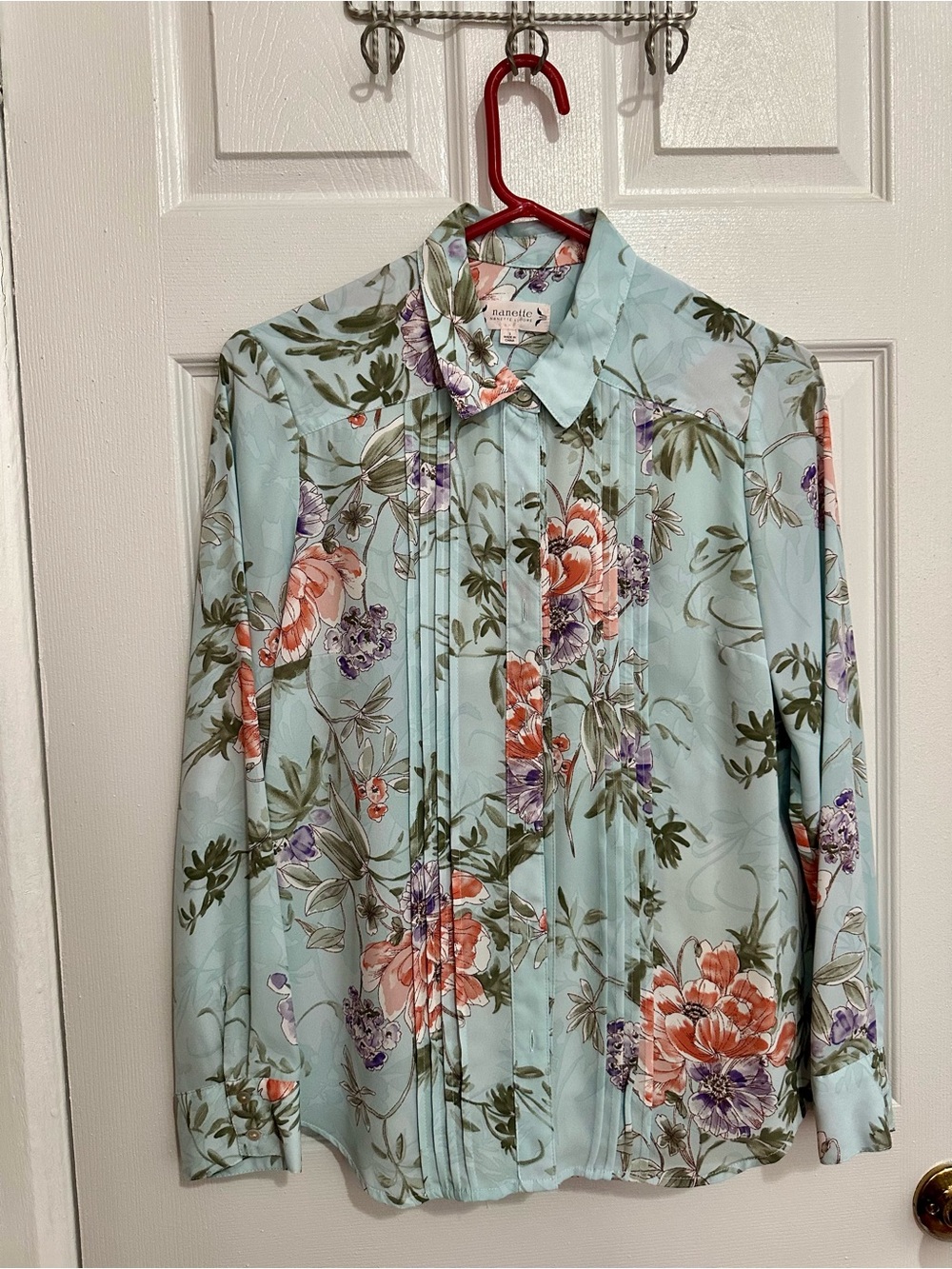 Nanette Lepore Mint Floral Pleated Button-Up Blouse